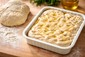 L’impasto della focaccia prende forma: morbido, vivo, pronto a lievitare lentamente. Nella teglia si intravedono già le classiche fossette della focaccia, dove l’olio extravergine d’oliva si raccoglie e profuma l’impasto. Accanto, il pane in attesa e la farina sul tavolo raccontano una cucina fatta di gesti semplici e ingredienti autentici, proprio come nella tradizione contadina.
