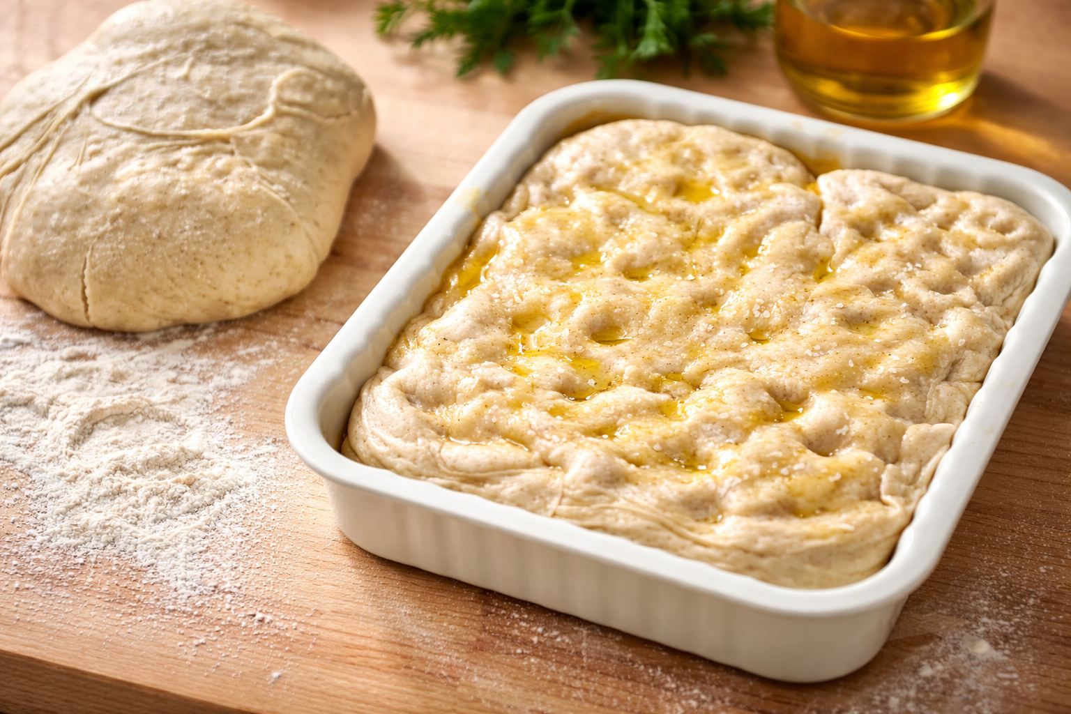 L’impasto della focaccia prende forma: morbido, vivo, pronto a lievitare lentamente. Nella teglia si intravedono già le classiche fossette della focaccia, dove l’olio extravergine d’oliva si raccoglie e profuma l’impasto. Accanto, il pane in attesa e la farina sul tavolo raccontano una cucina fatta di gesti semplici e ingredienti autentici, proprio come nella tradizione contadina.